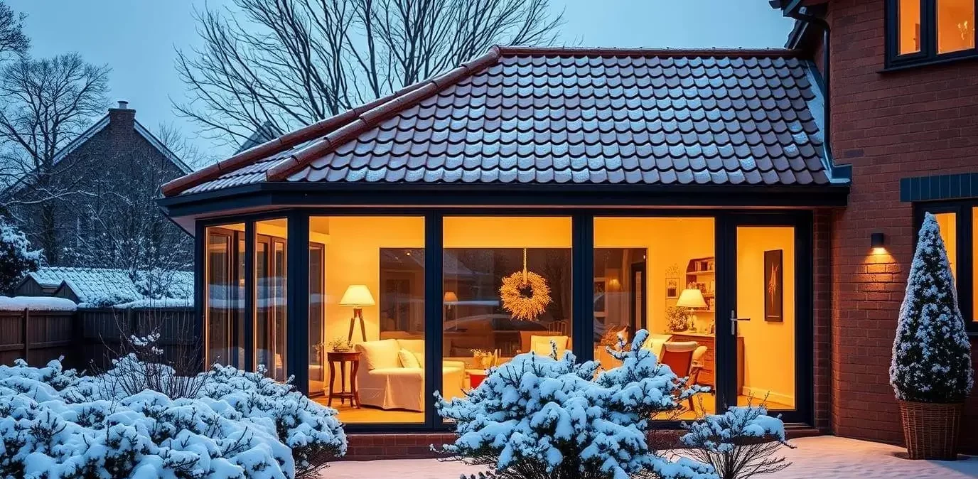 A modern conservatory with a tiled roof attached to a brick house, warmly lit and surrounded by snow-covered bushes. This image highlights the energy efficiency and all-season comfort of tiled roof conservatories.
