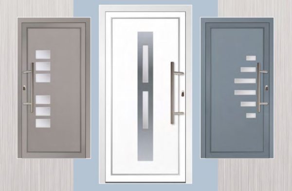 Three modern aluminium front doors in grey, white, and blue with vertical and square glazed panel designs