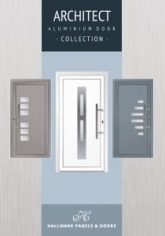 Brochure cover featuring three architect-style aluminium front doors from Hallmark Panels