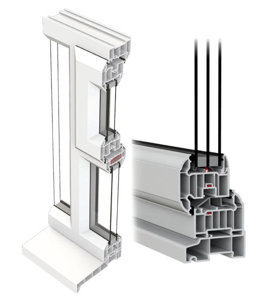 Cross-section of a uPVC window profile showing double and triple glazing chambers
