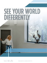 Uni-Blinds brochure cover showing woman near window with built-in blinds and modern décor