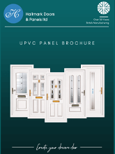 Brochure cover for Hallmark Doors showing five white uPVC panel doors with decorative glazing