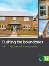 Liniar window system brochure cover showing modern uPVC windows in a brick house