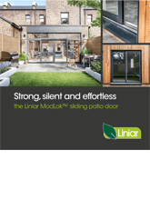 Liniar brochure cover showing ModLok sliding patio doors installed in a modern rear extension
