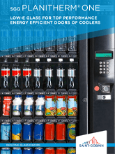Brochure cover featuring Planitherm ONE Low-E glass in a vending machine cooler door