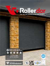 Rollerdor brochure cover featuring two black roller garage doors installed in a brick-built double garage